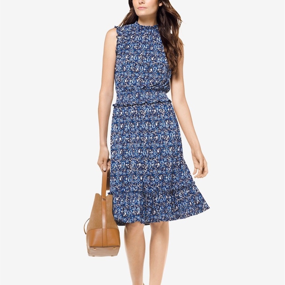 Michael Kors Navy Paisley Smocked Midi Dress